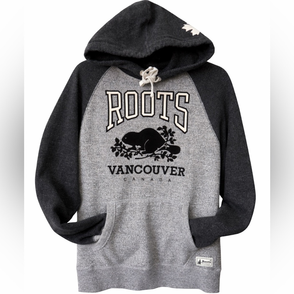 Roots Vancouver Canada Pullover Hoodie Gray Logo Sweatshirt size XS